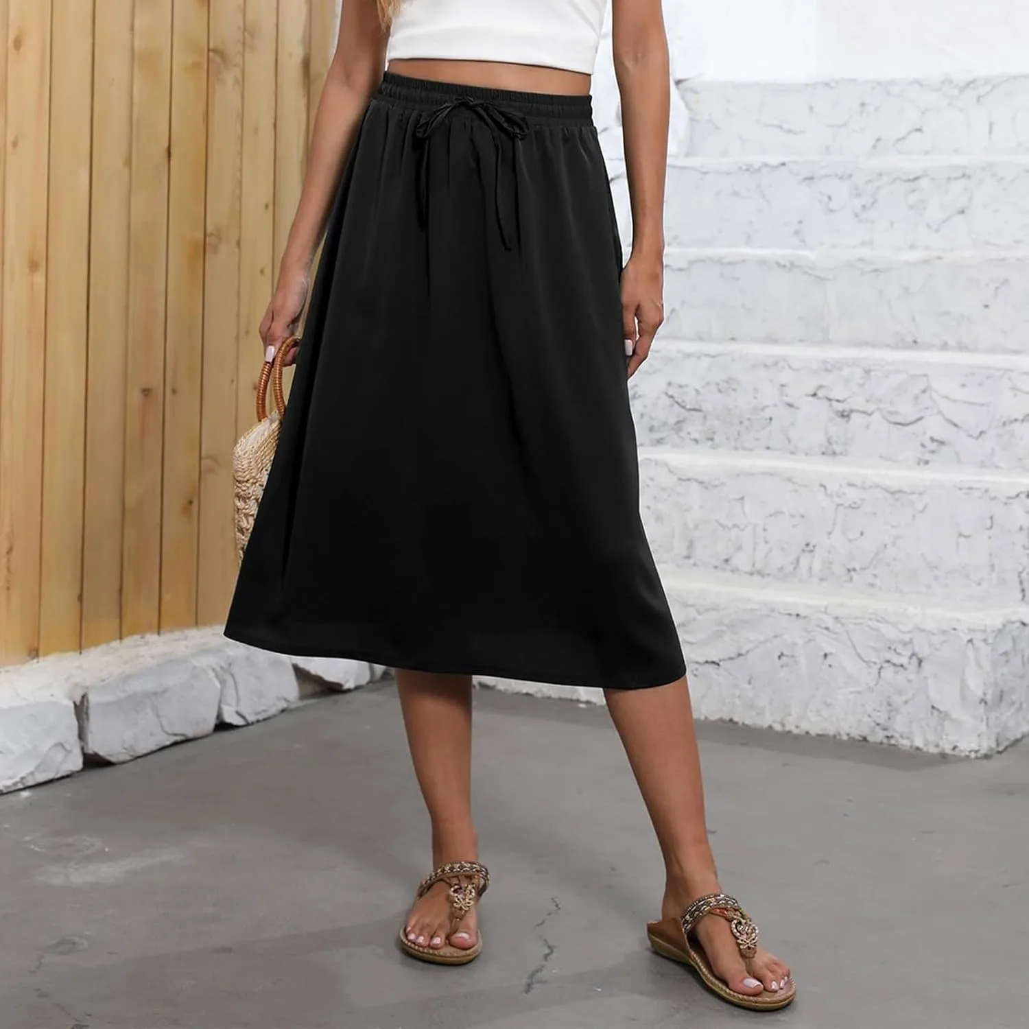 Womens Skirts Midi Length Boho Beach Vacation Flowy Floral Skirt Spring Casual Comfy High Waisted A Line Skirt