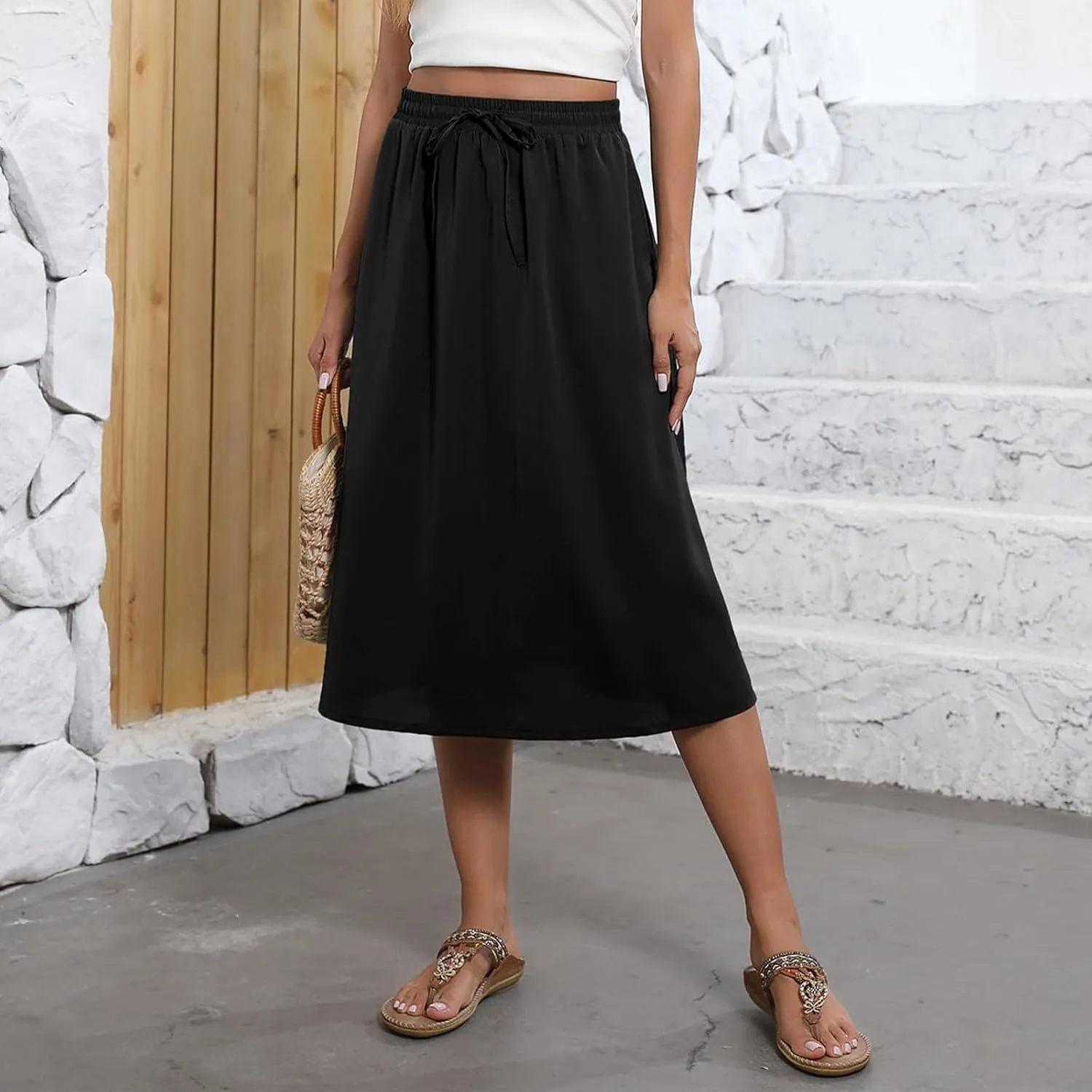 Womens Skirts Midi Length Boho Beach Vacation Flowy Floral Skirt Spring Casual Comfy High Waisted A Line Skirt