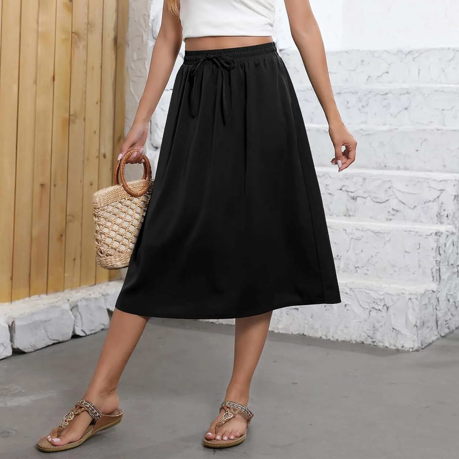 Womens Skirts Midi Length Boho Beach Vacation Flowy Floral Skirt Spring Casual Comfy High Waisted A Line Skirt