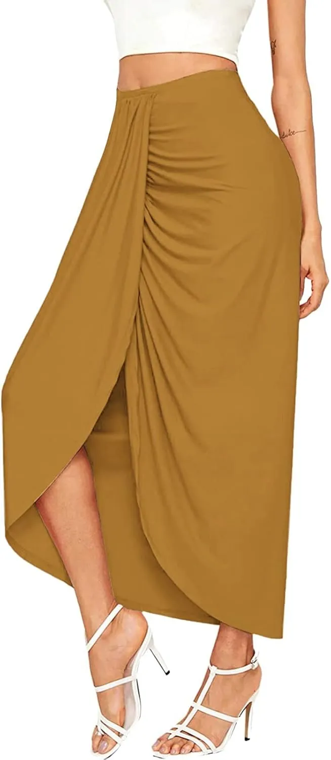 Women's Slit Ruched High Waisted Bodycon Maxi Skirt Summer Solid Draped Asymmetrical Hem Wrap Long Skirts Beach Clubwear 2024