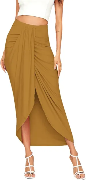 Women's Slit Ruched High Waisted Bodycon Maxi Skirt Summer Solid Draped Asymmetrical Hem Wrap Long Skirts Beach Clubwear 2024