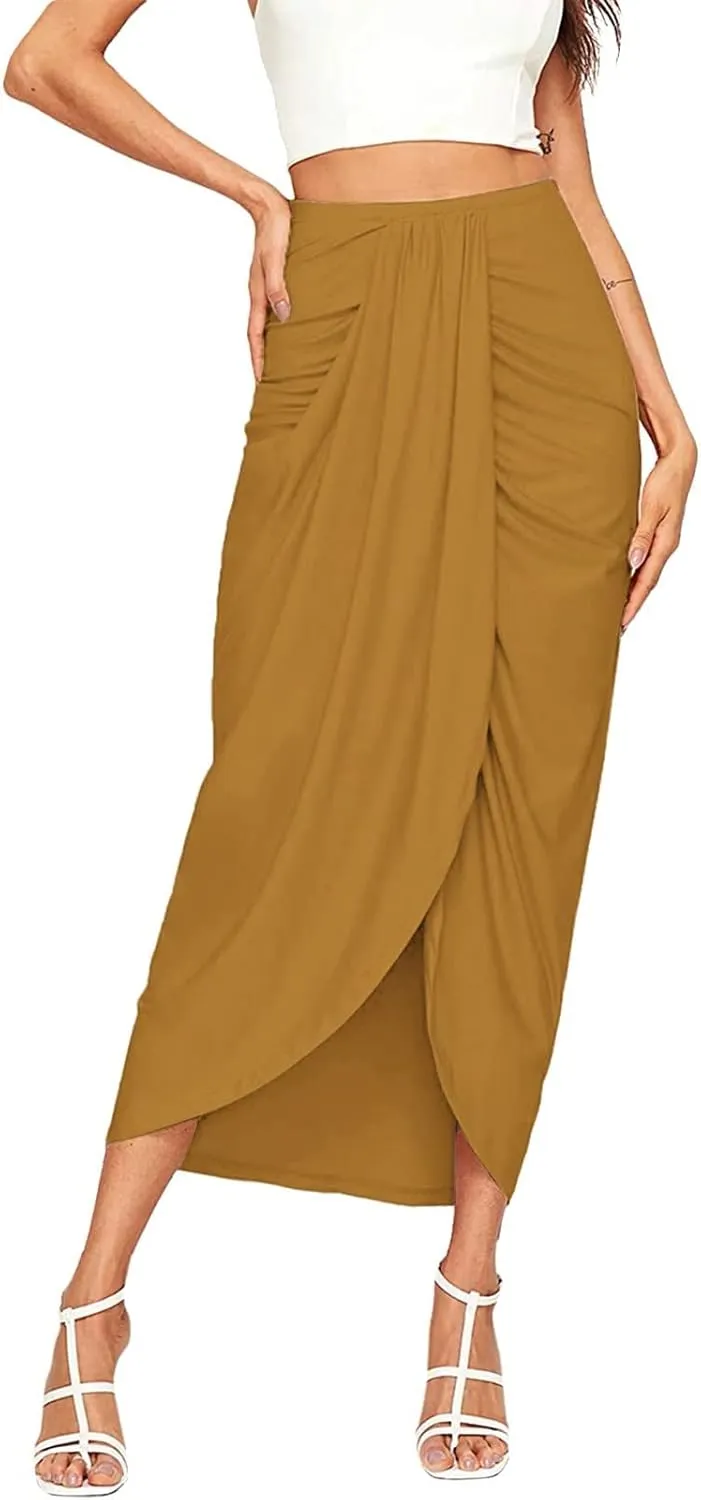 Women's Slit Ruched High Waisted Bodycon Maxi Skirt Summer Solid Draped Asymmetrical Hem Wrap Long Skirts Beach Clubwear 2024