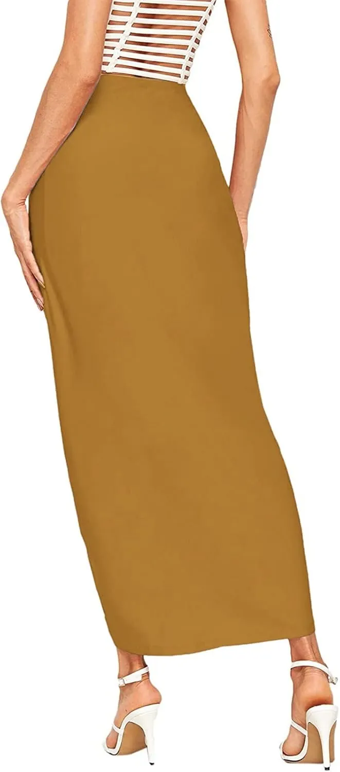 Women's Slit Ruched High Waisted Bodycon Maxi Skirt Summer Solid Draped Asymmetrical Hem Wrap Long Skirts Beach Clubwear 2024