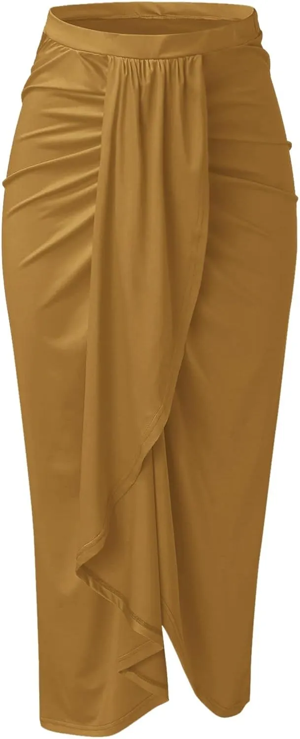 Women's Slit Ruched High Waisted Bodycon Maxi Skirt Summer Solid Draped Asymmetrical Hem Wrap Long Skirts Beach Clubwear 2024