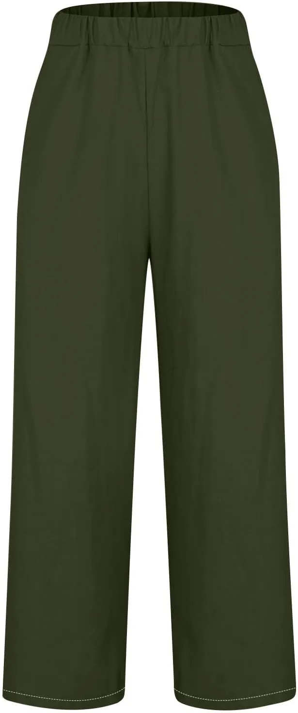 Women's Solid Elastic Waist Linen Trousers All-Match Straight Trnedy Casual Wide Leg Pants Cropped Long Pants