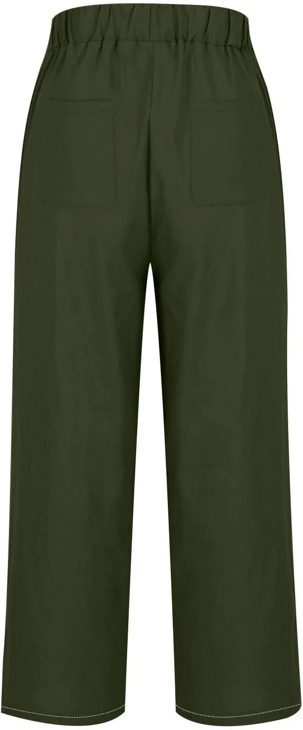 Women's Solid Elastic Waist Linen Trousers All-Match Straight Trnedy Casual Wide Leg Pants Cropped Long Pants