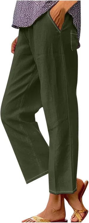 Women's Solid Elastic Waist Linen Trousers All-Match Straight Trnedy Casual Wide Leg Pants Cropped Long Pants