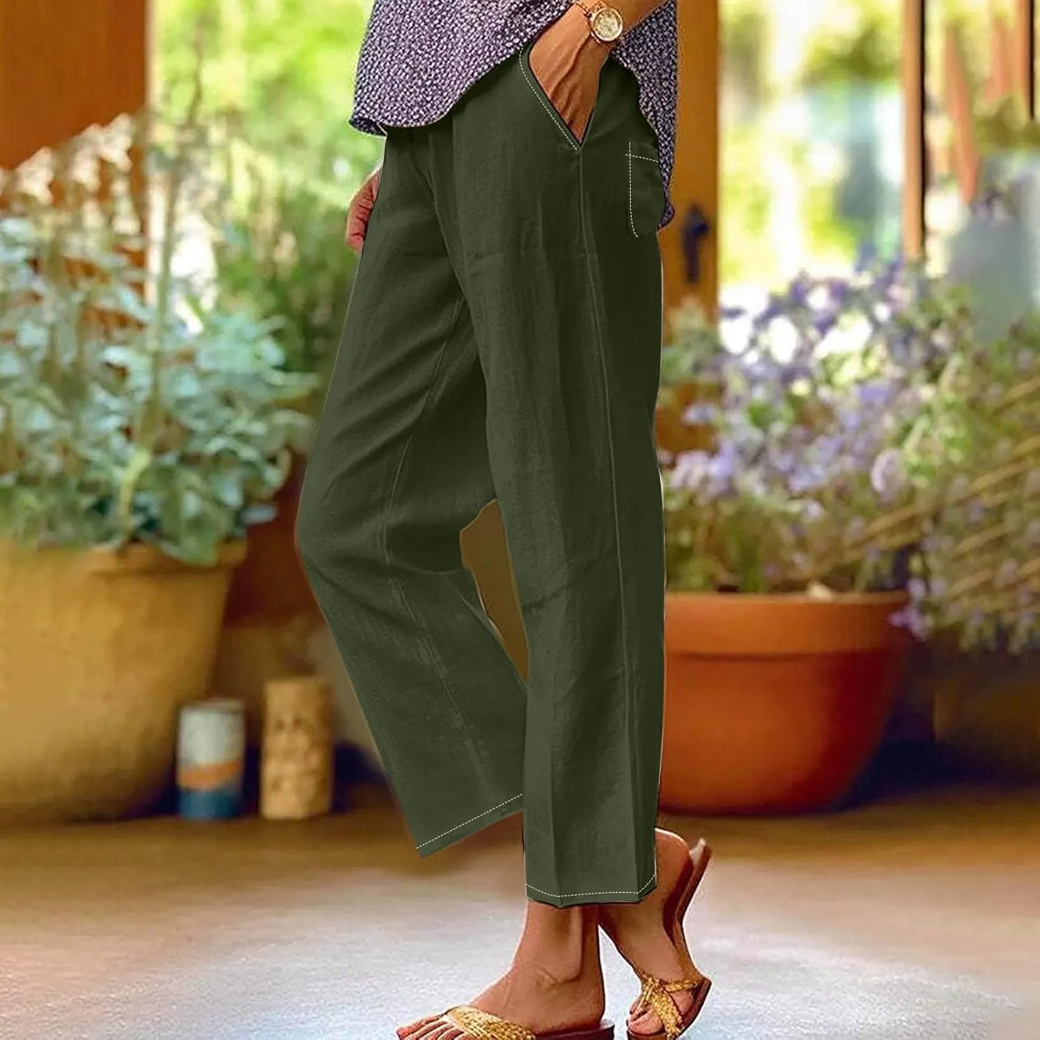 Women's Solid Elastic Waist Linen Trousers All-Match Straight Trnedy Casual Wide Leg Pants Cropped Long Pants