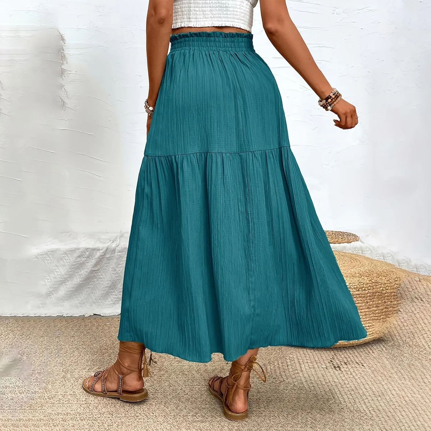 Womens Split Maxi Skirt Swing Ruffle High Waist Pleated Pencil Long Skirt Elastic Flowy Boho Beach Midi Skirt