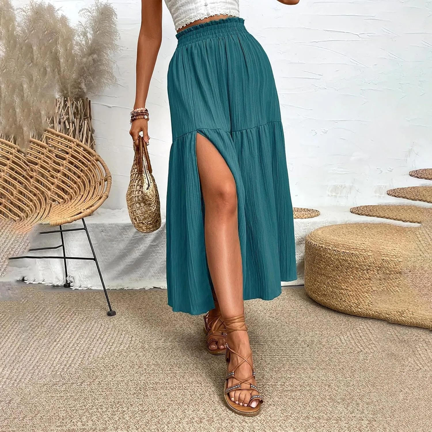 Womens Split Maxi Skirt Swing Ruffle High Waist Pleated Pencil Long Skirt Elastic Flowy Boho Beach Midi Skirt