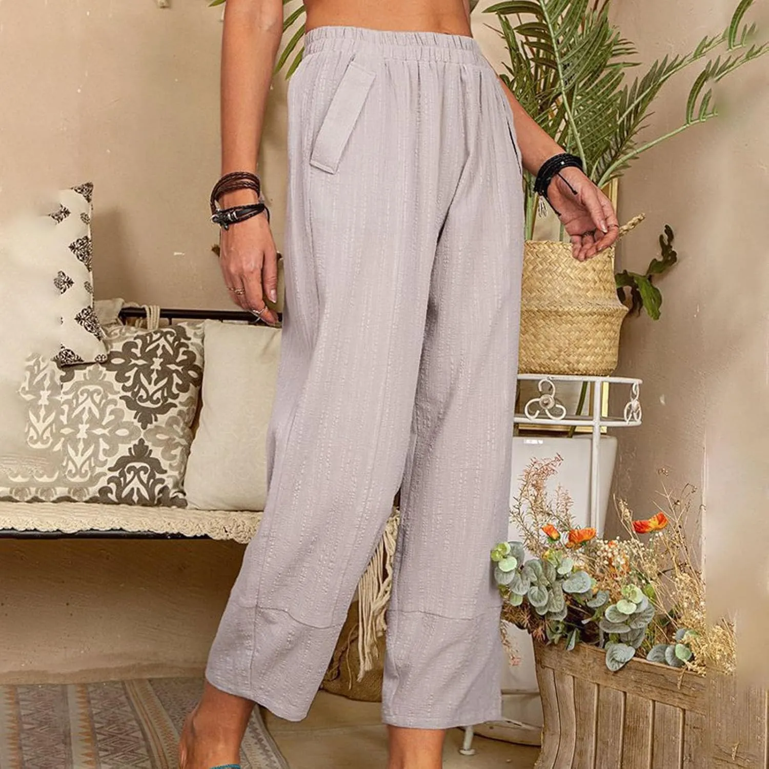 Women's Straight Leg Pants Women High Waist Palazzo Pants Casual Elastic Waisted Palazzo Harem with Pockets Women Flowy