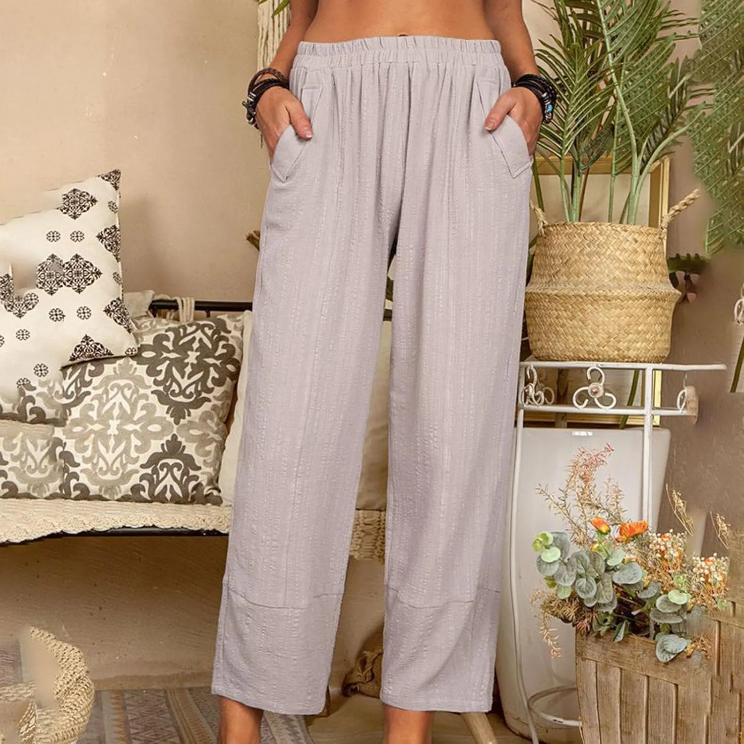 Women's Straight Leg Pants Women High Waist Palazzo Pants Casual Elastic Waisted Palazzo Harem with Pockets Women Flowy