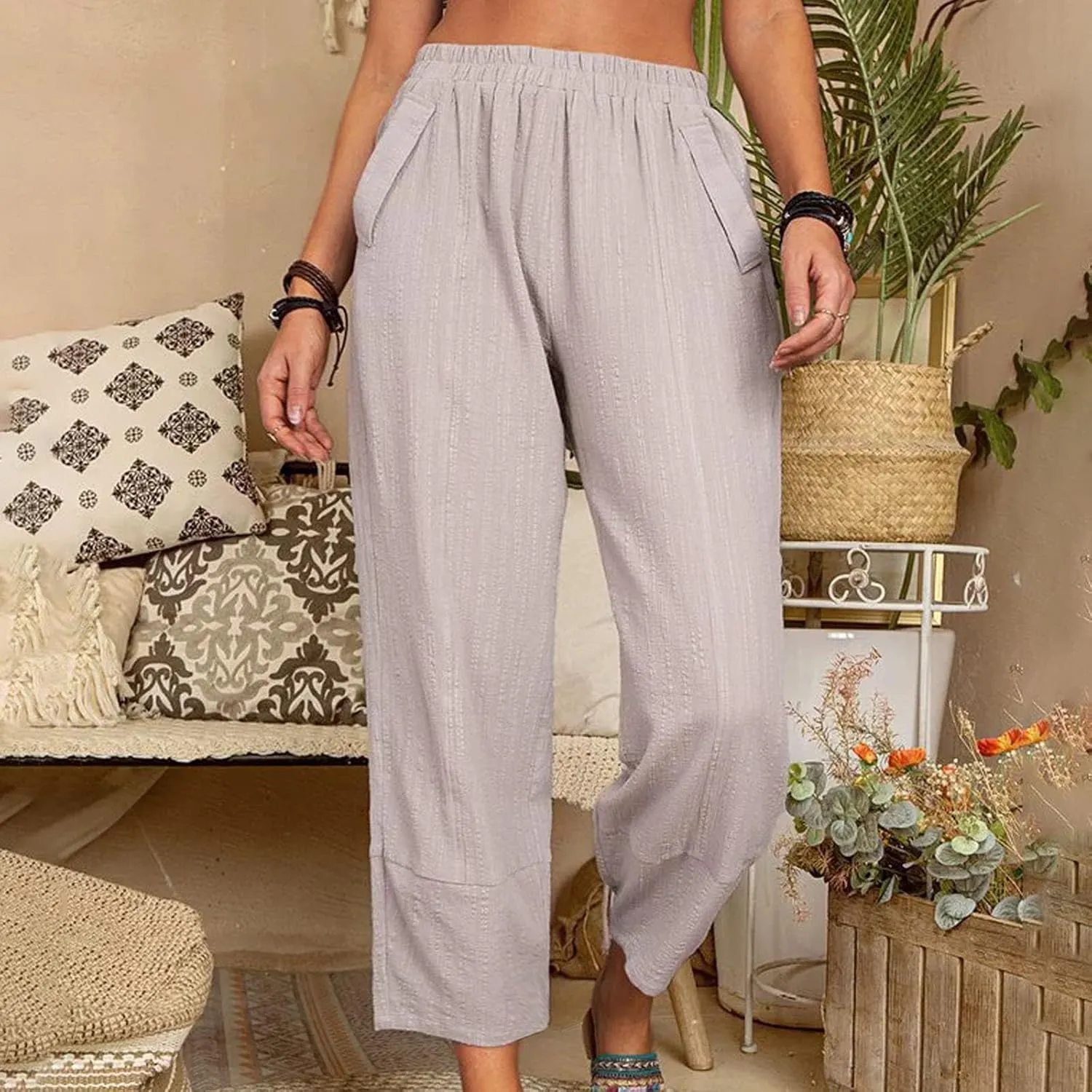 Women's Straight Leg Pants Women High Waist Palazzo Pants Casual Elastic Waisted Palazzo Harem with Pockets Women Flowy