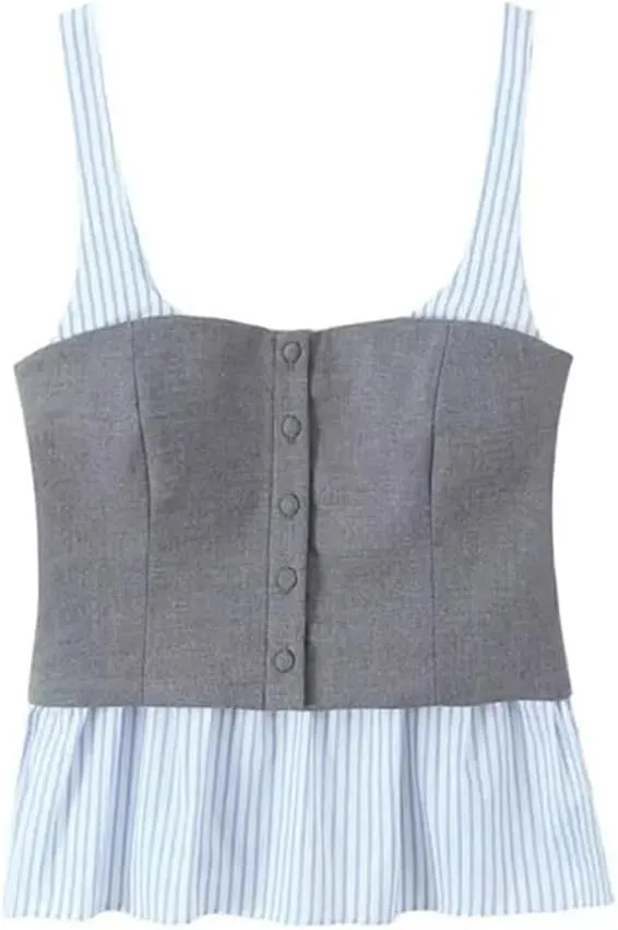 Women's Striped Patchwork Poplin Tank Top Front Covered Button Straps Camisole
