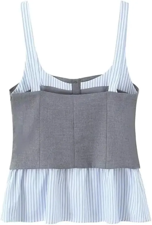 Women's Striped Patchwork Poplin Tank Top Front Covered Button Straps Camisole