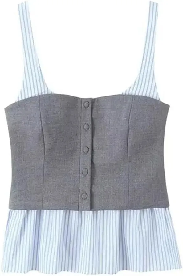 Women's Striped Patchwork Poplin Tank Top Front Covered Button Straps Camisole
