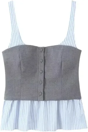 Women's Striped Patchwork Poplin Tank Top Front Covered Button Straps Camisole