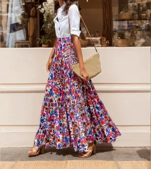Women's Summer Boho Floral Maxi Skirt Flowy Casual Spring Bohemian Elastic Waist Beach Vacation Long Skirt