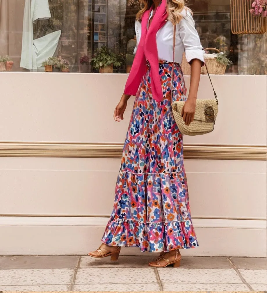 Women's Summer Boho Floral Maxi Skirt Flowy Casual Spring Bohemian Elastic Waist Beach Vacation Long Skirt