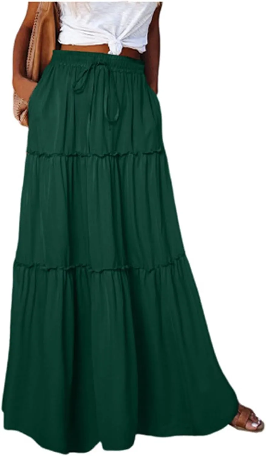Women's Summer Boho Maxi Skirt A-Line Flowy Ruffle Tiered Elastic High Waist Beach Pleated Long Skirts with Pockets