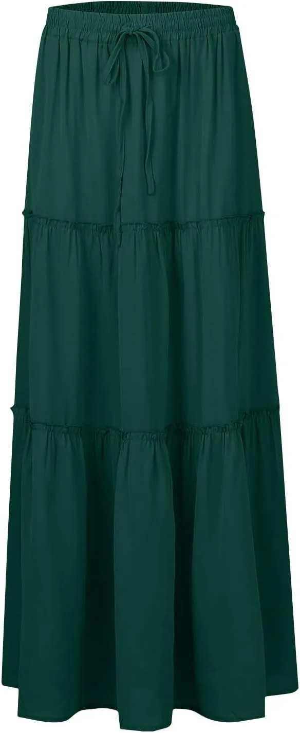 Women's Summer Boho Maxi Skirt A-Line Flowy Ruffle Tiered Elastic High Waist Beach Pleated Long Skirts with Pockets