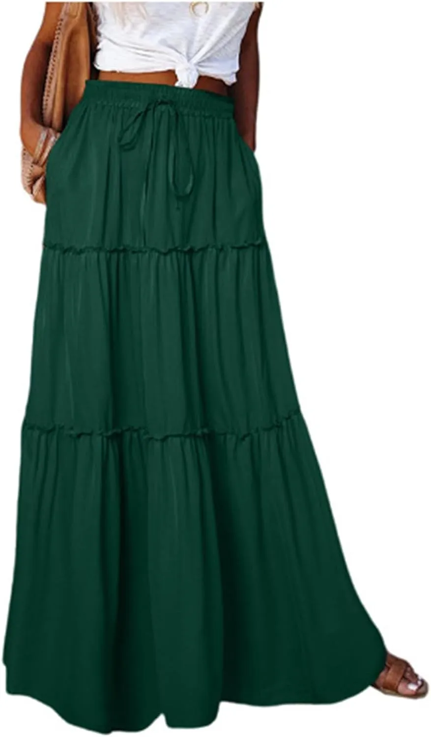 Women's Summer Boho Maxi Skirt A-Line Flowy Ruffle Tiered Elastic High Waist Beach Pleated Long Skirts with Pockets