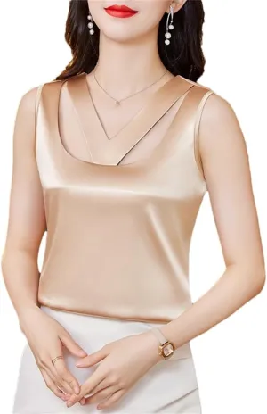 Women's Summer Camisole Tank Sleeveless Satin Vest Hollow Shirt