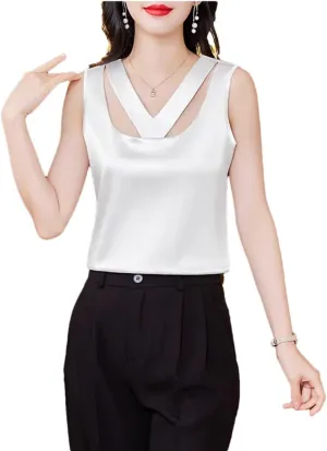 Women's Summer Camisole Tank Sleeveless Satin Vest Hollow Shirt