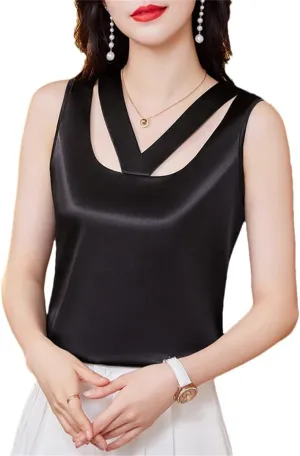 Women's Summer Camisole Tank Sleeveless Satin Vest Hollow Shirt