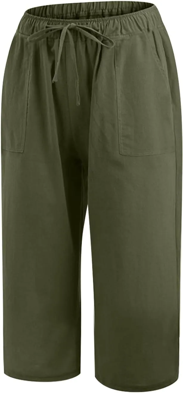 Women's Summer Cotton Linen Capri Pants Lightweight Casaul Loose Drawstring Wide Leg Beach Trousers with Pockets