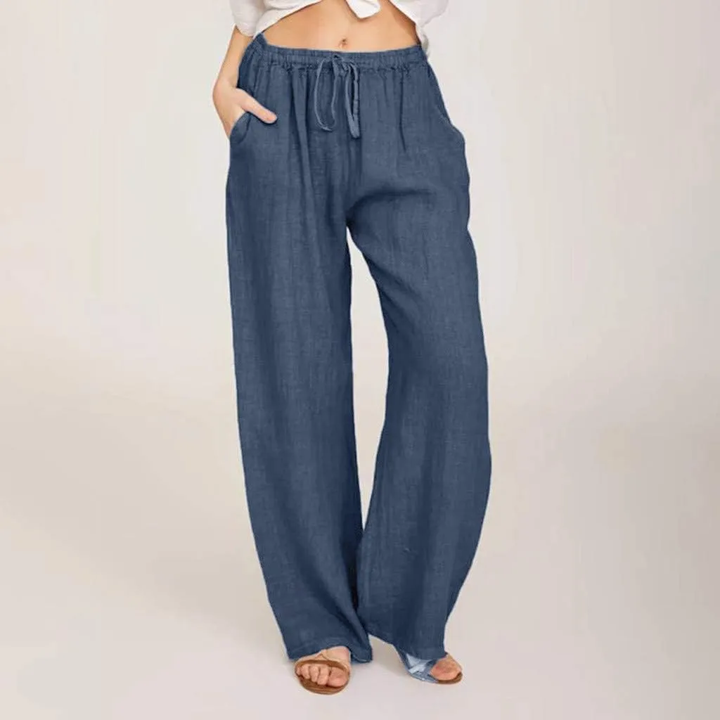 Womens Summer Cotton Linen Pants High Waist Casual Wide Leg Long Palazzo Pants Loose Boho Beach Trousers