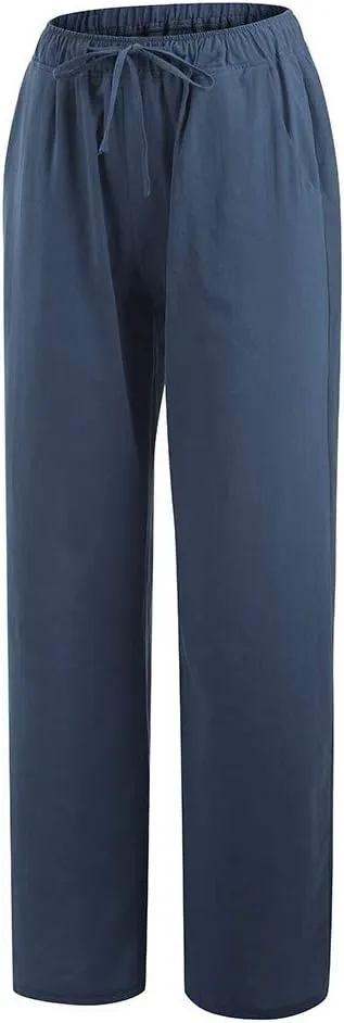 Womens Summer Cotton Linen Pants High Waist Casual Wide Leg Long Palazzo Pants Loose Boho Beach Trousers