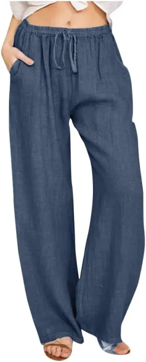 Womens Summer Cotton Linen Pants High Waist Casual Wide Leg Long Palazzo Pants Loose Boho Beach Trousers