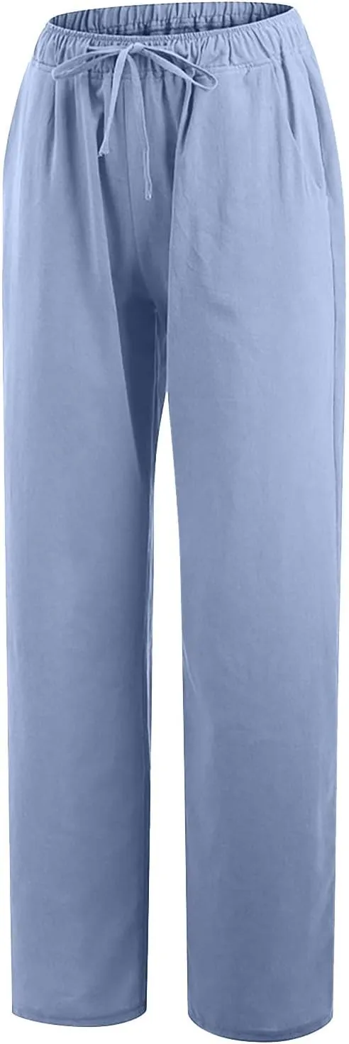 Womens Summer Cotton Linen Pants High Waist Drawstring Wide Leg Palazzo Pant 2025 Lightweight Comfy Lounge Trousers