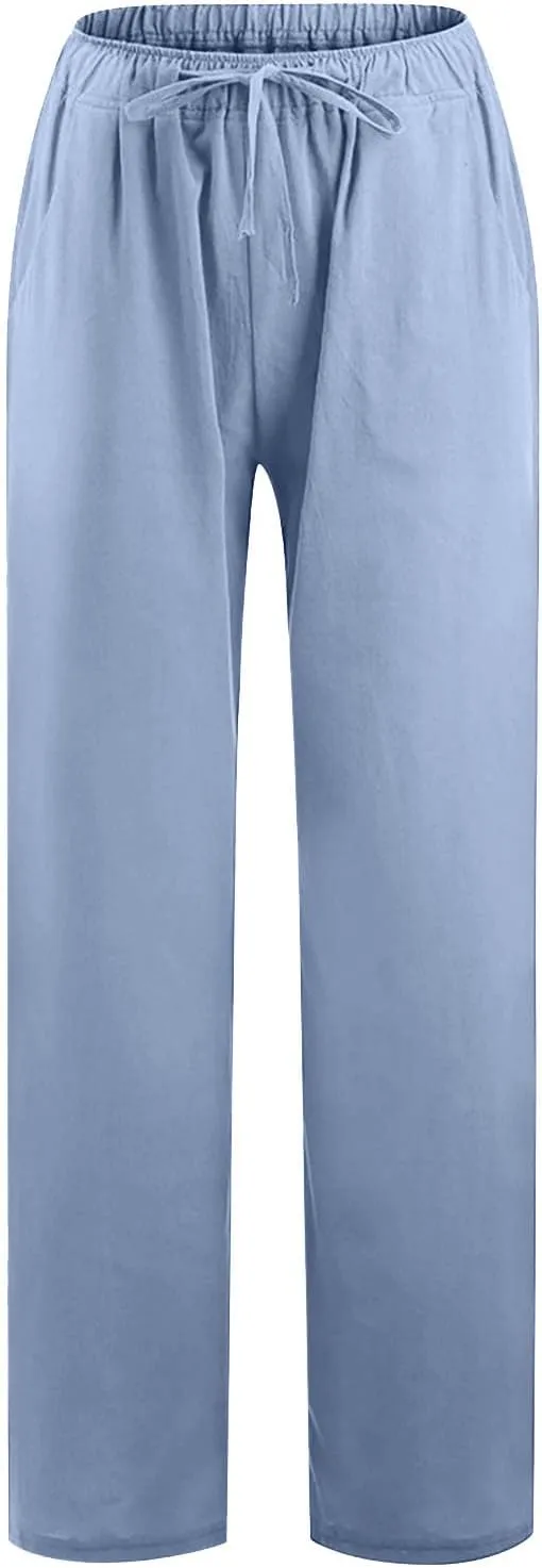 Womens Summer Cotton Linen Pants High Waist Drawstring Wide Leg Palazzo Pant 2025 Lightweight Comfy Lounge Trousers