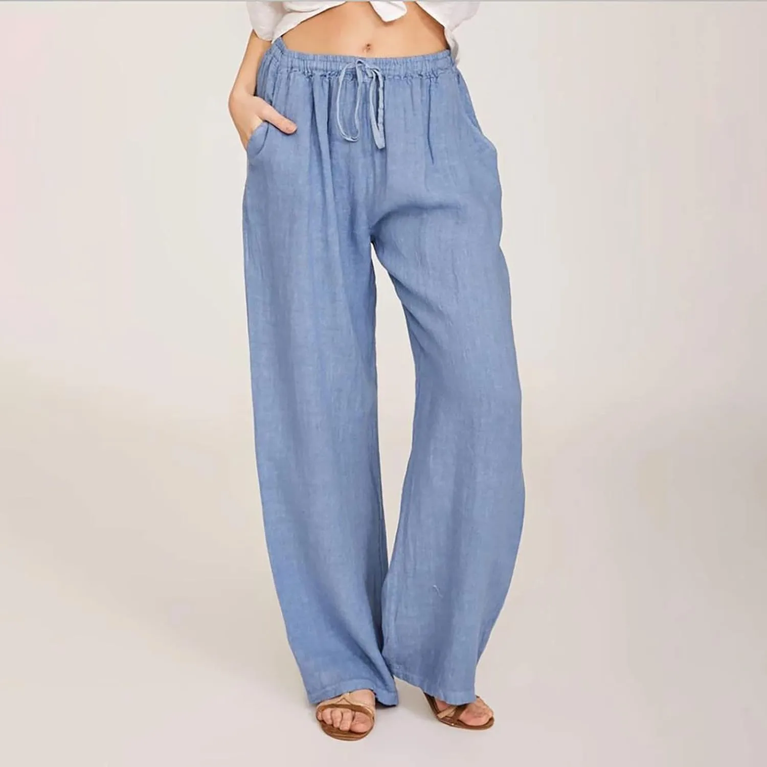 Womens Summer Cotton Linen Pants High Waist Drawstring Wide Leg Palazzo Pant 2025 Lightweight Comfy Lounge Trousers