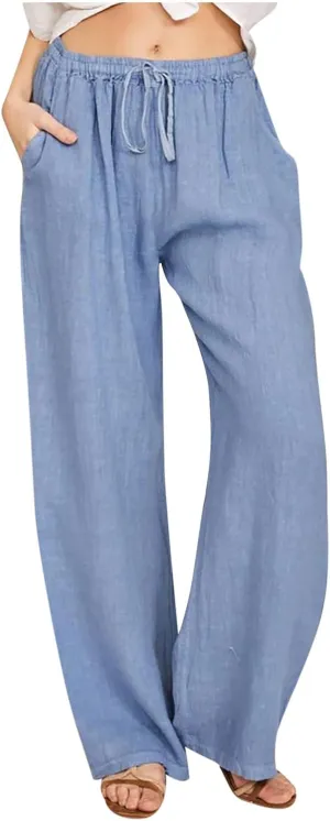 Womens Summer Cotton Linen Pants High Waist Drawstring Wide Leg Palazzo Pant 2025 Lightweight Comfy Lounge Trousers