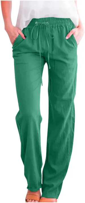 Women's Summer Drawstring Waist Wide Leg Trousers Fashion Solid Color Loose Cotton Linen Pants Casual Pockets Pants