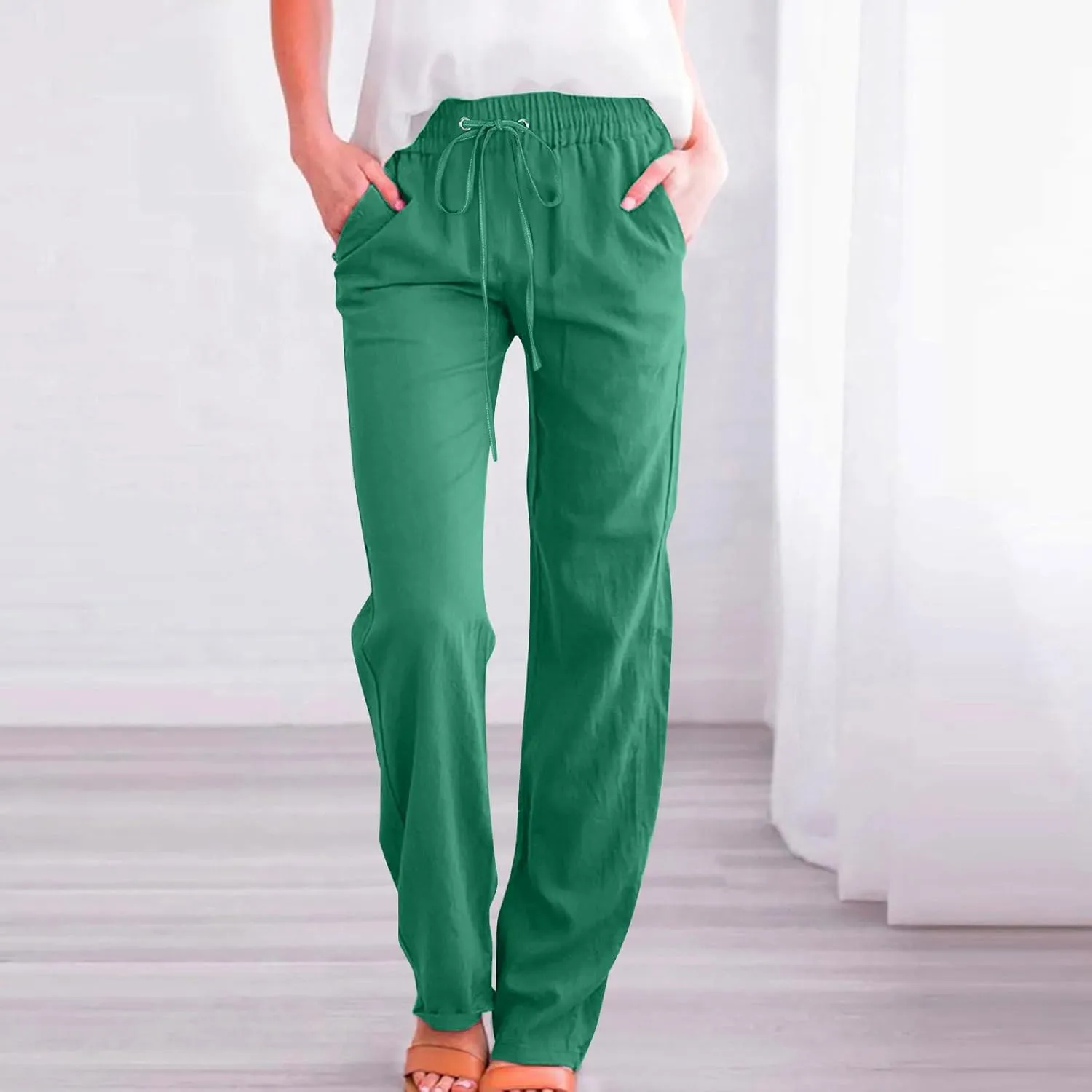 Women's Summer Drawstring Waist Wide Leg Trousers Fashion Solid Color Loose Cotton Linen Pants Casual Pockets Pants