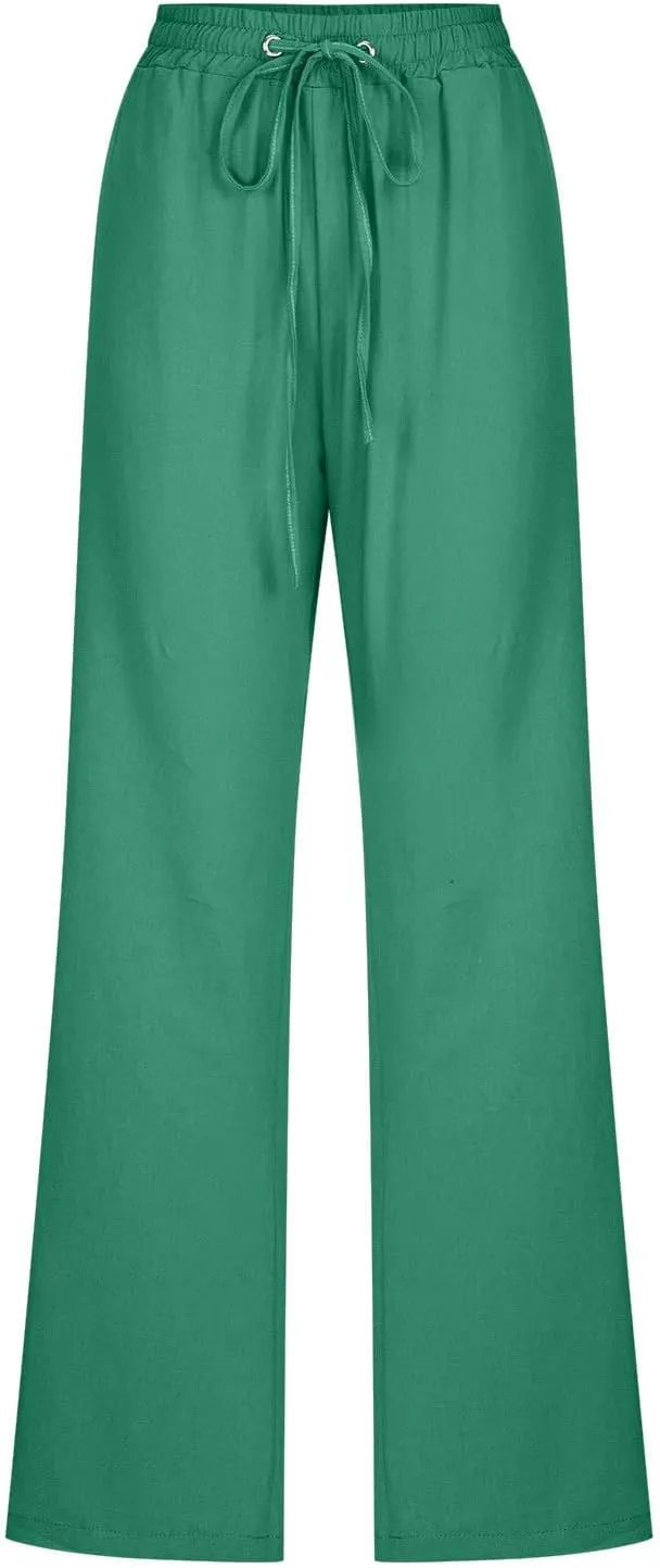 Women's Summer Drawstring Waist Wide Leg Trousers Fashion Solid Color Loose Cotton Linen Pants Casual Pockets Pants
