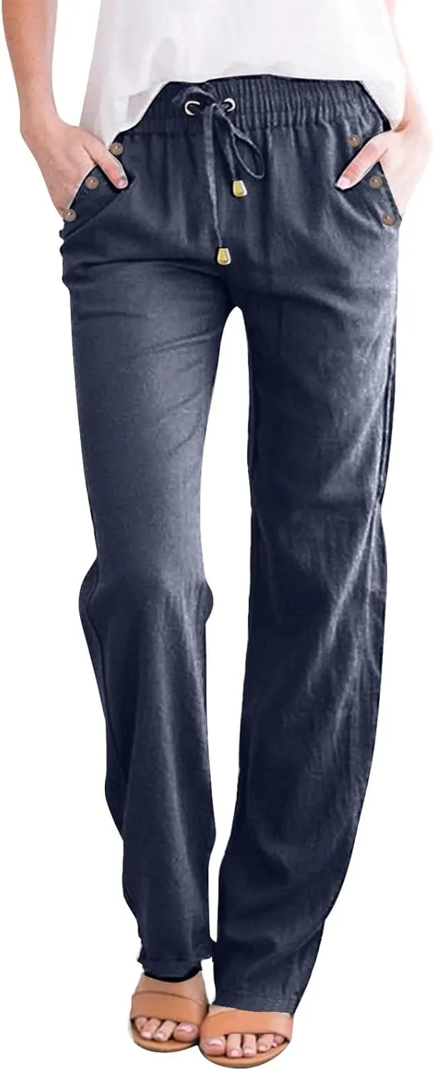 Womens Summer Fashion Linen Cotton Pants Straight Wide Leg Drawstring Long Pants Lounge Beach Trousers Outfits