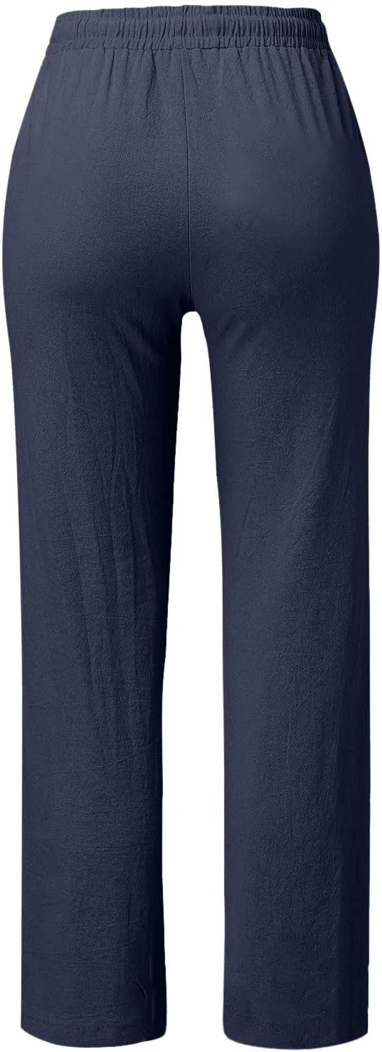 Womens Summer Fashion Linen Cotton Pants Straight Wide Leg Drawstring Long Pants Lounge Beach Trousers Outfits
