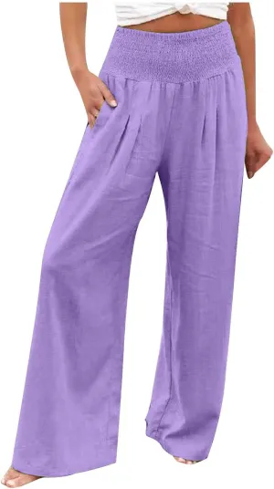 Women's Summer High Waisted Cotton Linen Palazzo Pants Wide Leg Long Lounge Pant Trousers Joggers Slacks with Pockets