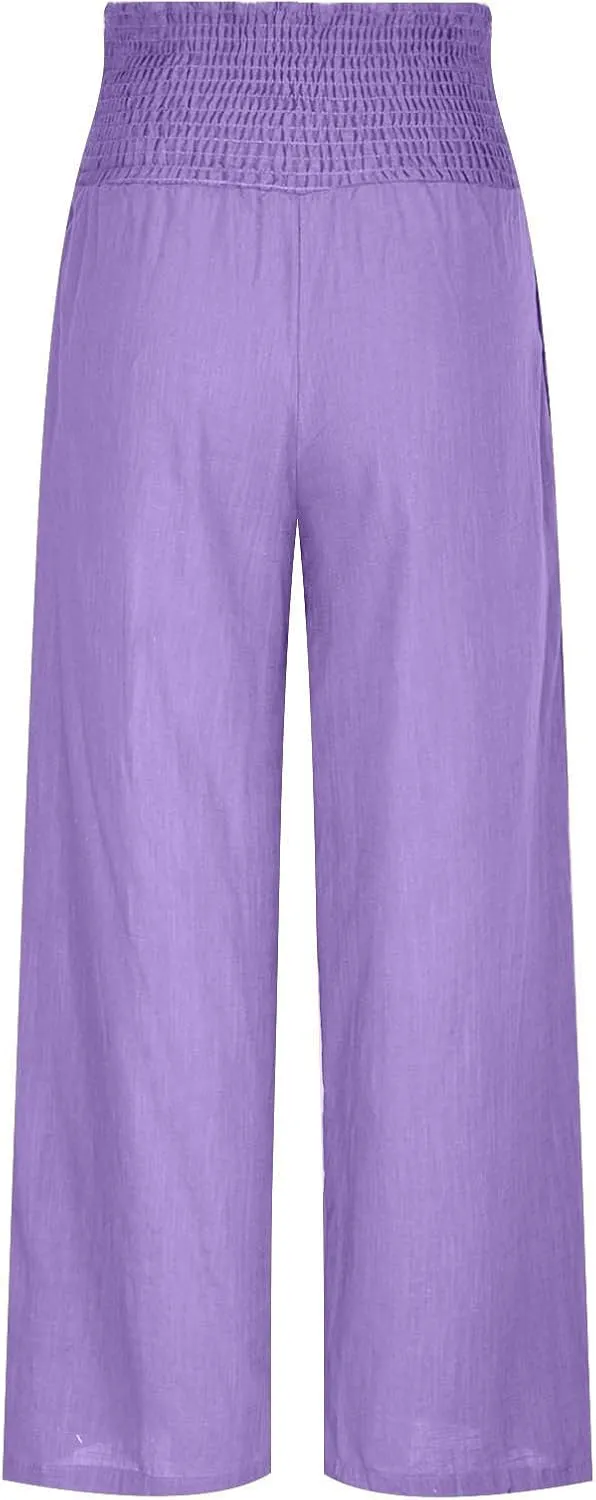 Women's Summer High Waisted Cotton Linen Palazzo Pants Wide Leg Long Lounge Pant Trousers Joggers Slacks with Pockets