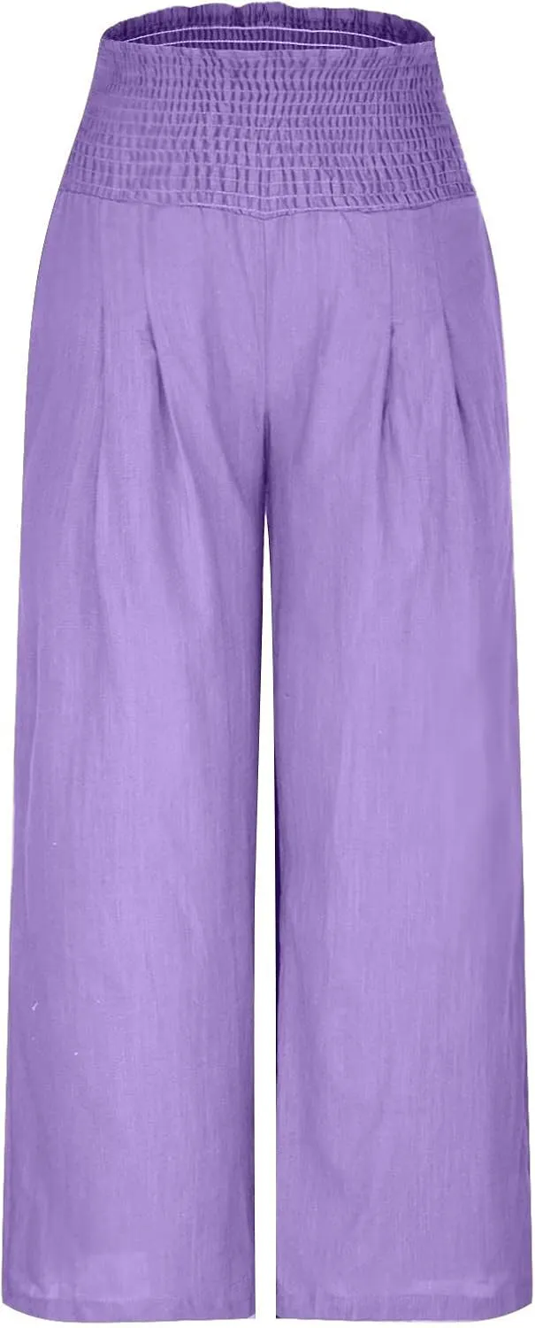 Women's Summer High Waisted Cotton Linen Palazzo Pants Wide Leg Long Lounge Pant Trousers Joggers Slacks with Pockets