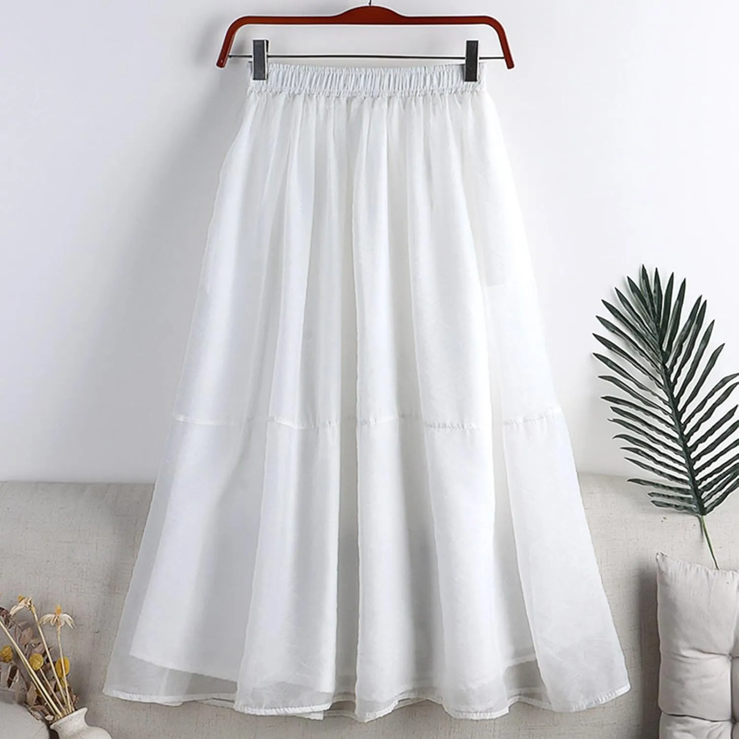 Women's Summer Midi Skirt Elastic High Waisted Flowy A-Line Skirts Elegant Pleated Solid Double Layer Flare Skirt