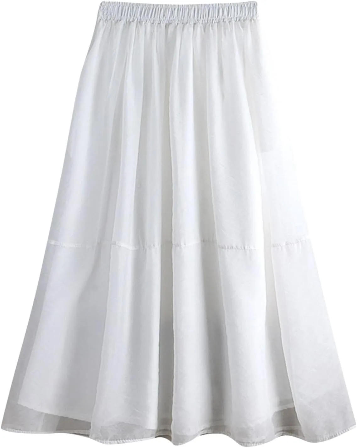 Women's Summer Midi Skirt Elastic High Waisted Flowy A-Line Skirts Elegant Pleated Solid Double Layer Flare Skirt