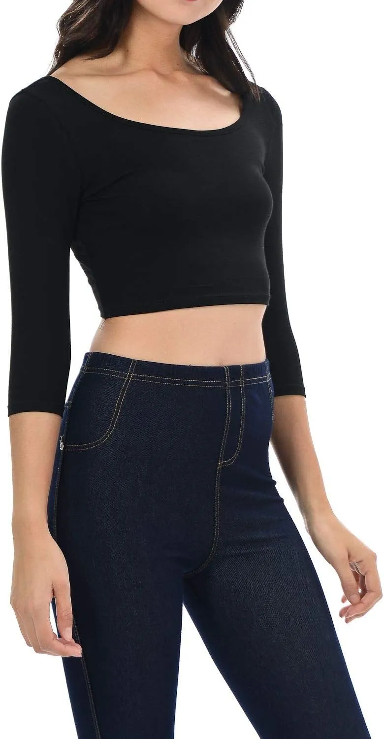 Womens Trendy Solid Color Basic Scooped Neck and Back Crop Top