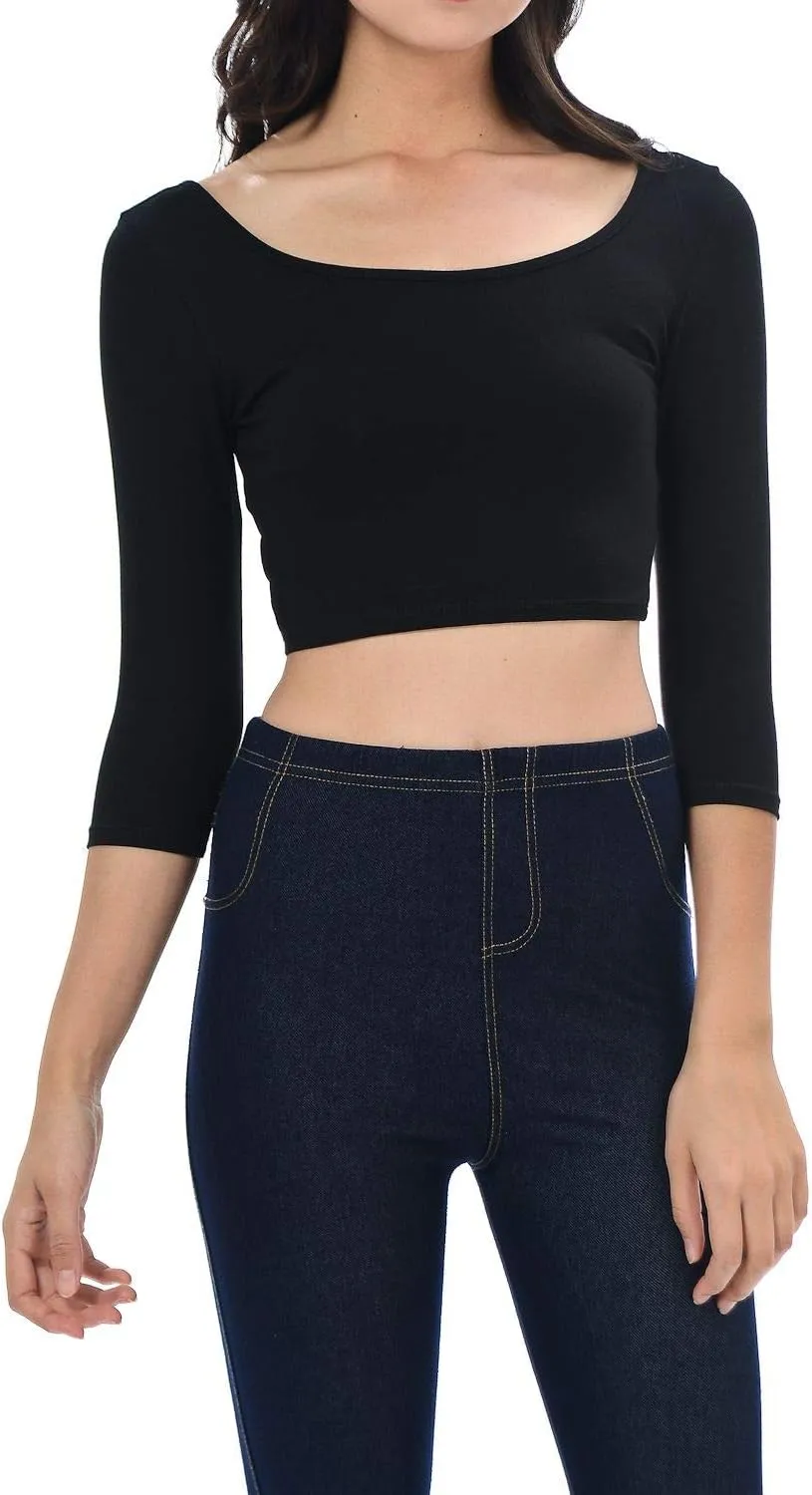 Womens Trendy Solid Color Basic Scooped Neck and Back Crop Top