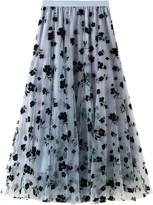 Women's Tulle A-Line Maxi Skirt, Elastic High Waist Layered Skirt Floral Print Mesh Midi Skirt
